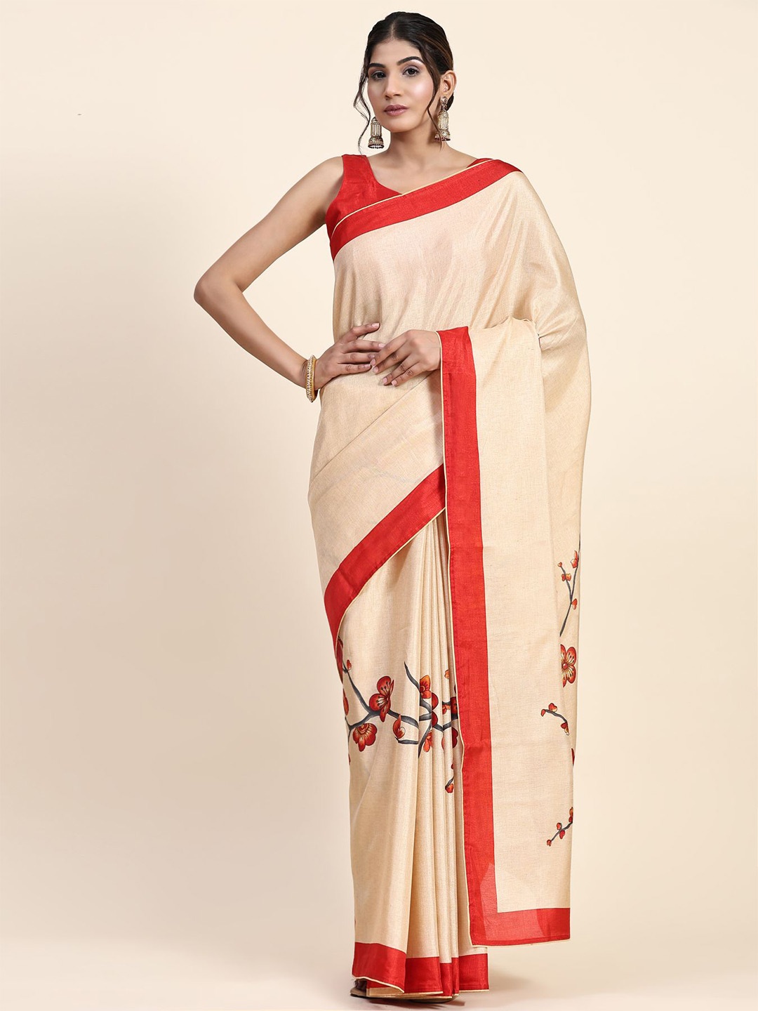 

RACHNA Floral Printed Khandua Silk Saree, Cream