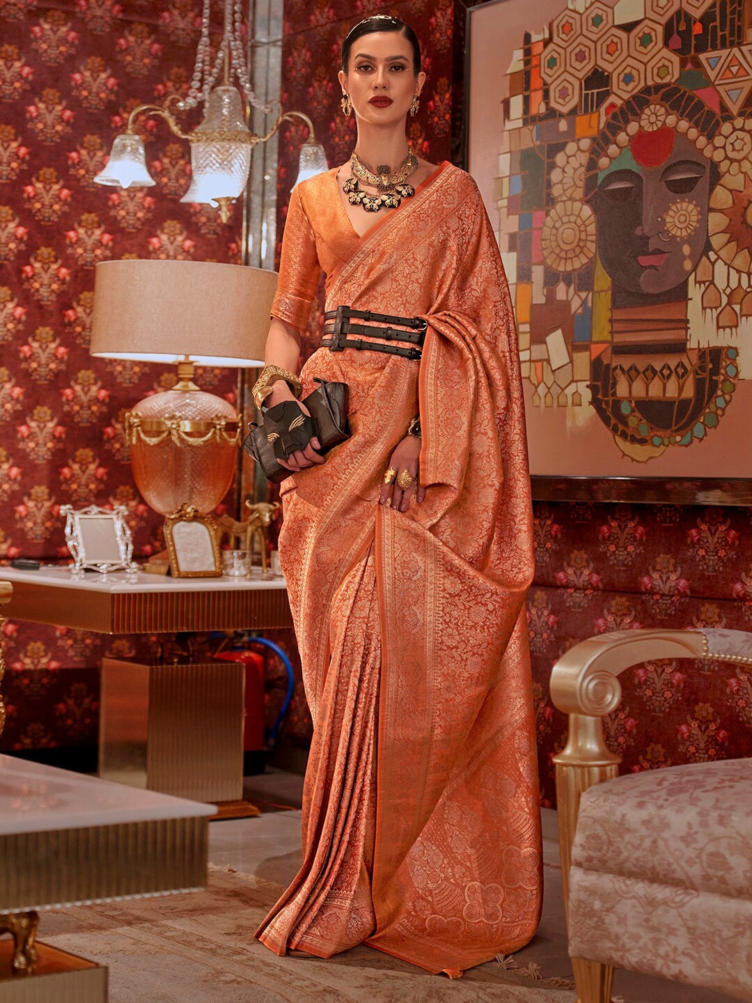 

Mitera Orange & Gold-Toned Floral Woven Design Zari Banarasi Saree