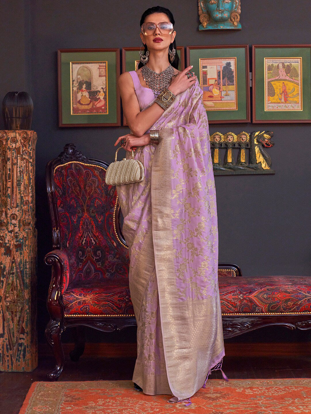 

Mitera Woven Design Ethnic Motifs Zari Banarasi Saree, Lavender