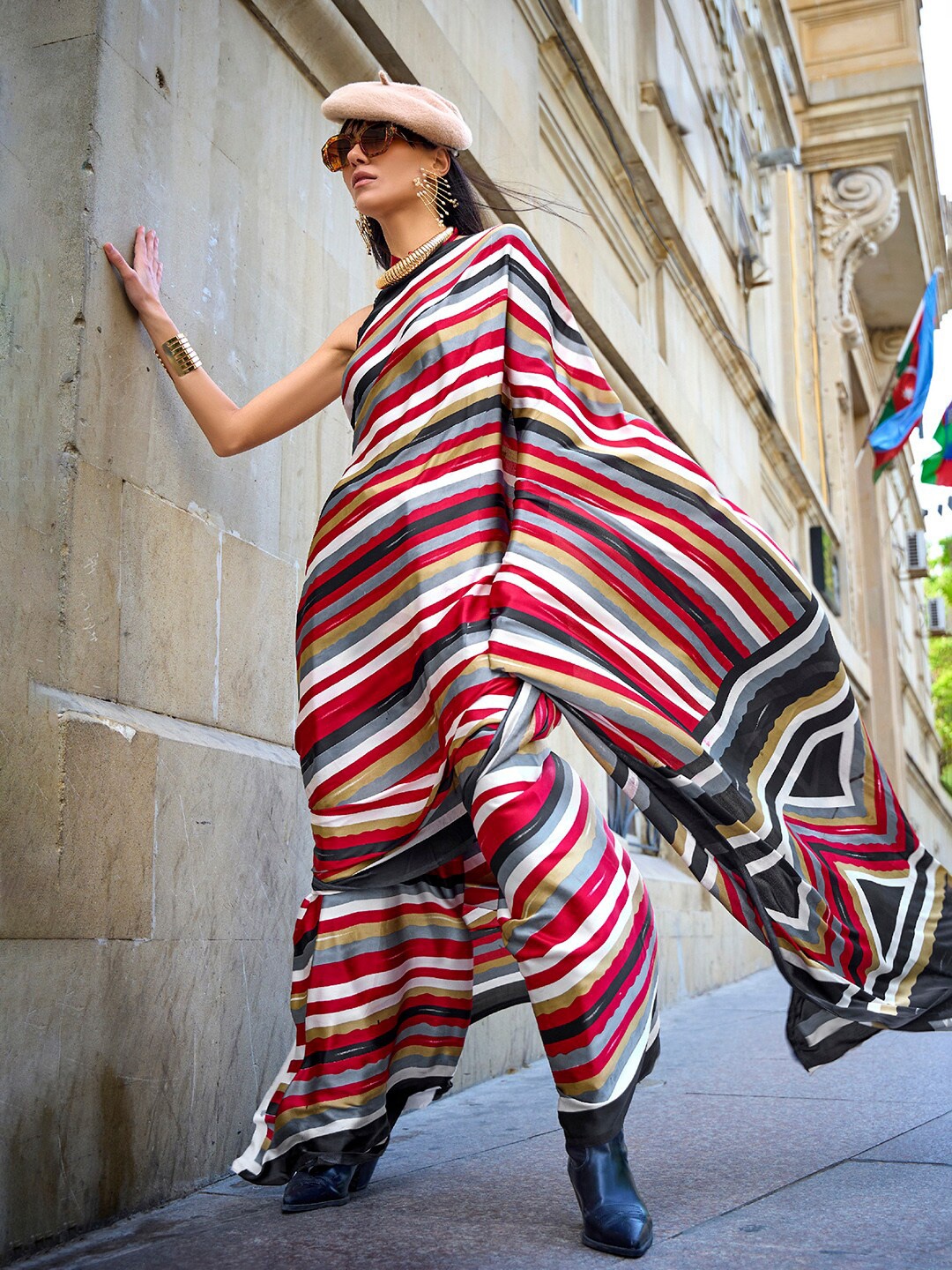 

Mitera Striped Poly Crepe Saree, Red