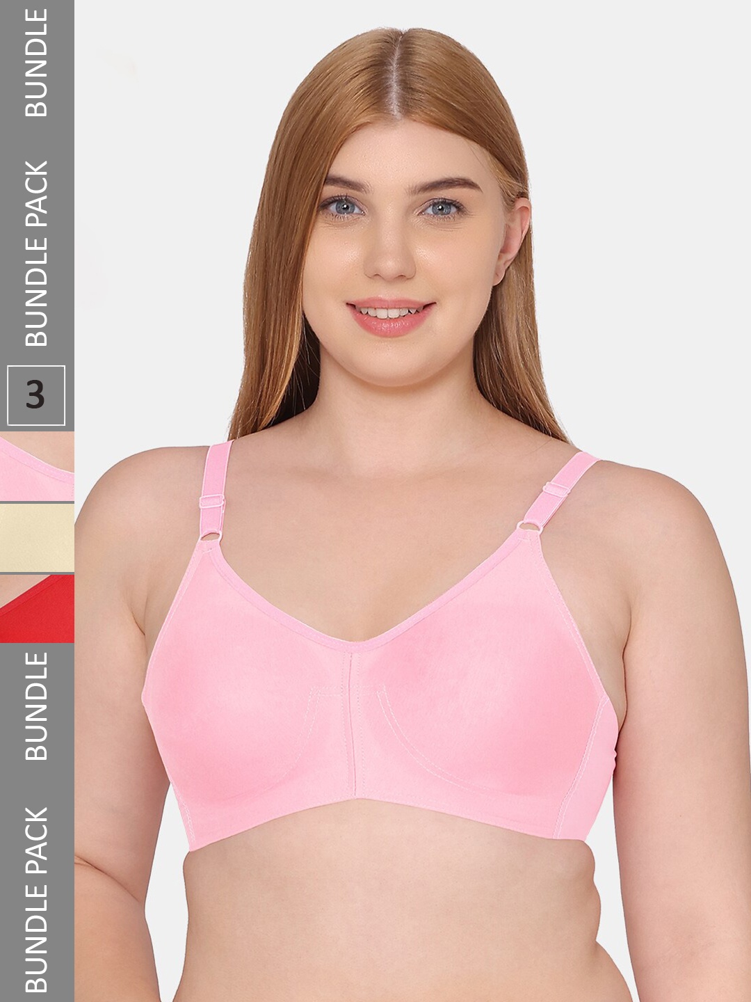 

Souminie Pack Of 3 Seamless Non-Wired Half Coverage Cotton All Day Comfort Bra, Pink