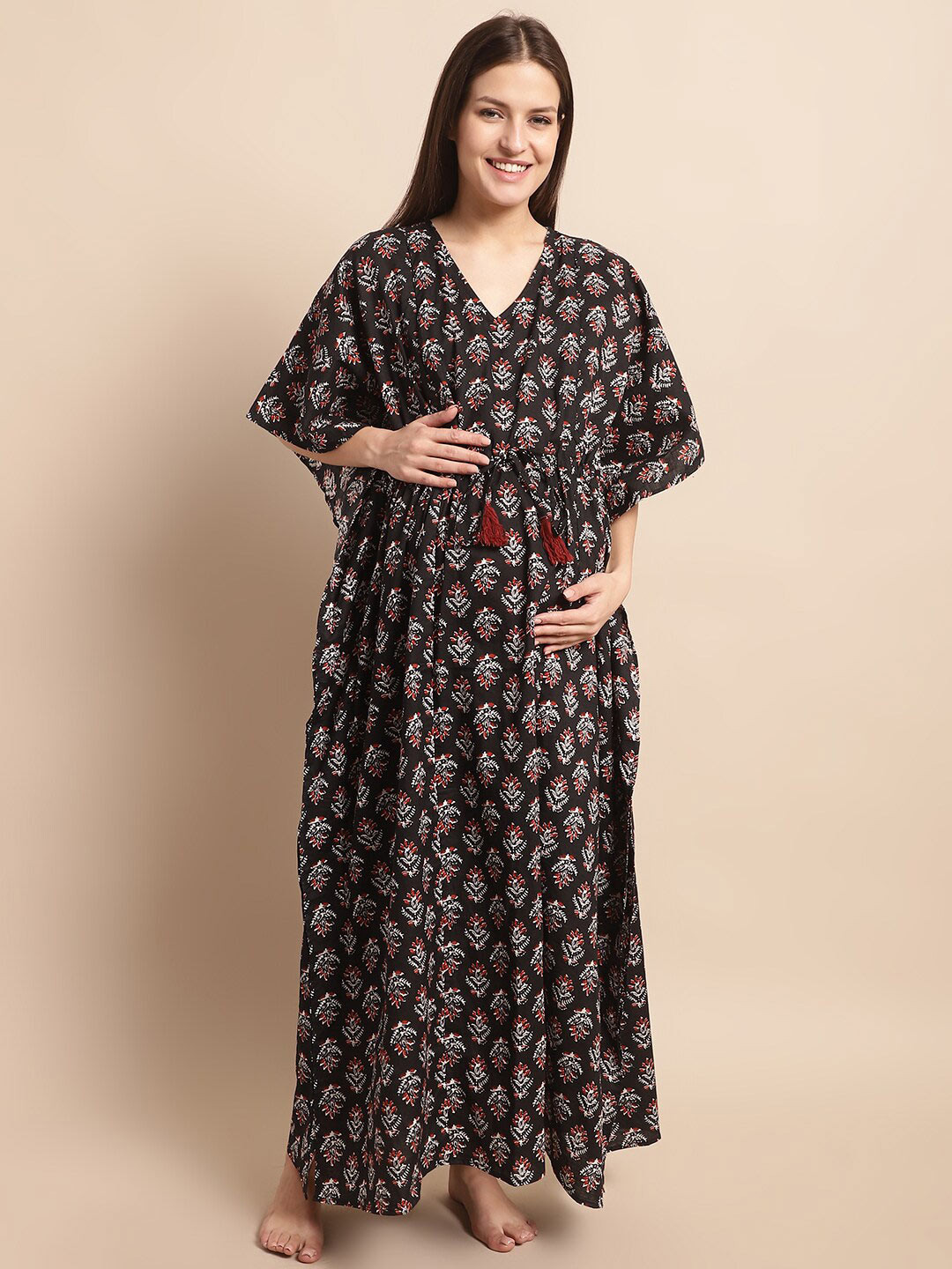 

Secret Wish Printed Maternity Pure Cotton Maxi Kaftan Nightdress, Black