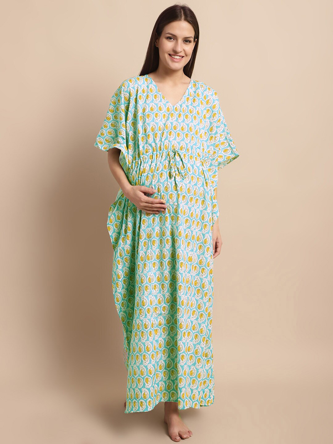 

Secret Wish Ethnic Motifs Printed Maternity Kaftan Pure Cotton Nightdress, Green