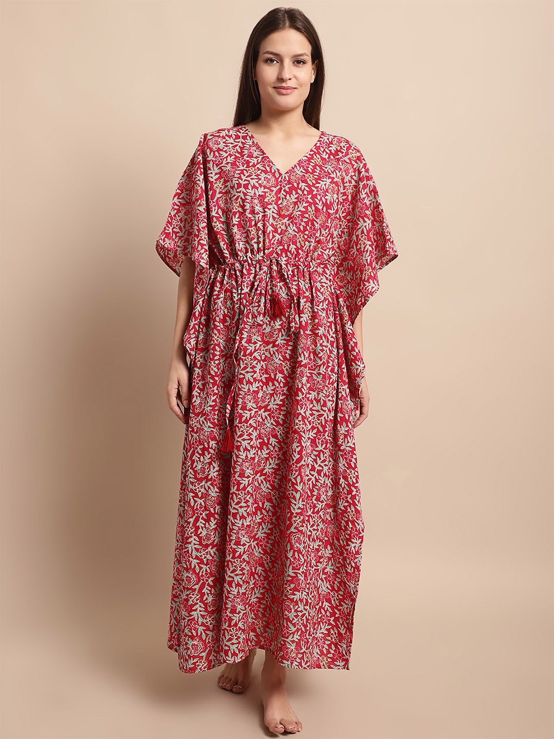 

Secret Wish Floral Printed Kaftan Pure Cotton Nightdress, Red