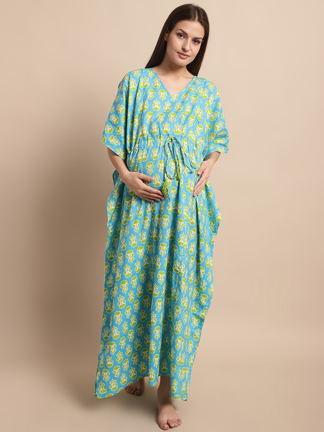 

Secret Wish Printed Maternity Pure Cotton Maxi Kaftan Nightdress, Blue