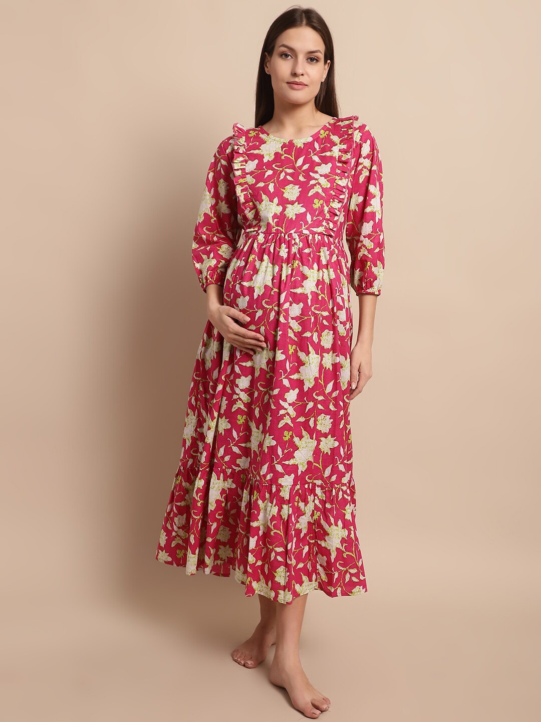 

Secret Wish Floral Printed Maternity Pure Cotton Maxi Nightdress, Pink