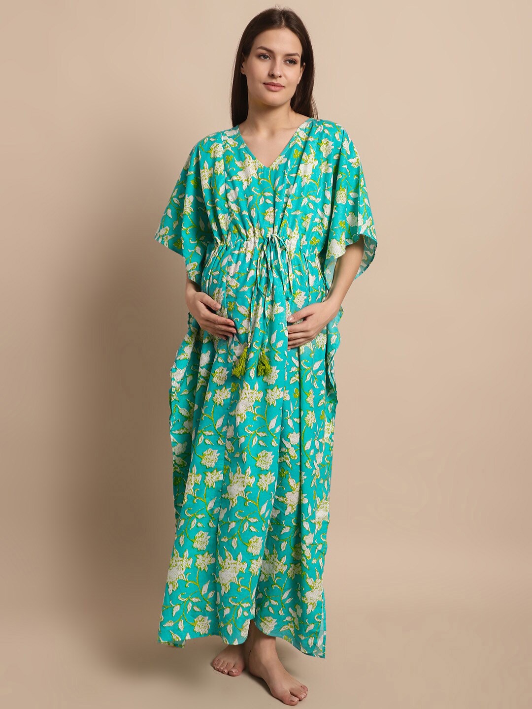 

Secret Wish Floral Printed Maternity Pure Cotton Kaftan Nightdress, Turquoise blue