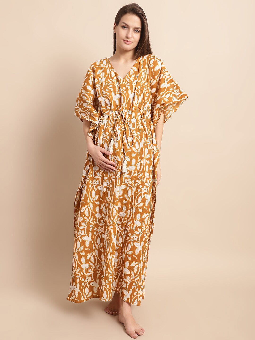 

Secret Wish Printed Maternity Pure Cotton Maxi Kaftan Nightdress, Mustard