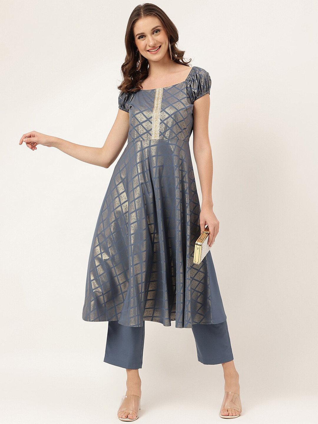 

FIORRA Ethnic Motifs Printed Kurta with Trousers, Grey