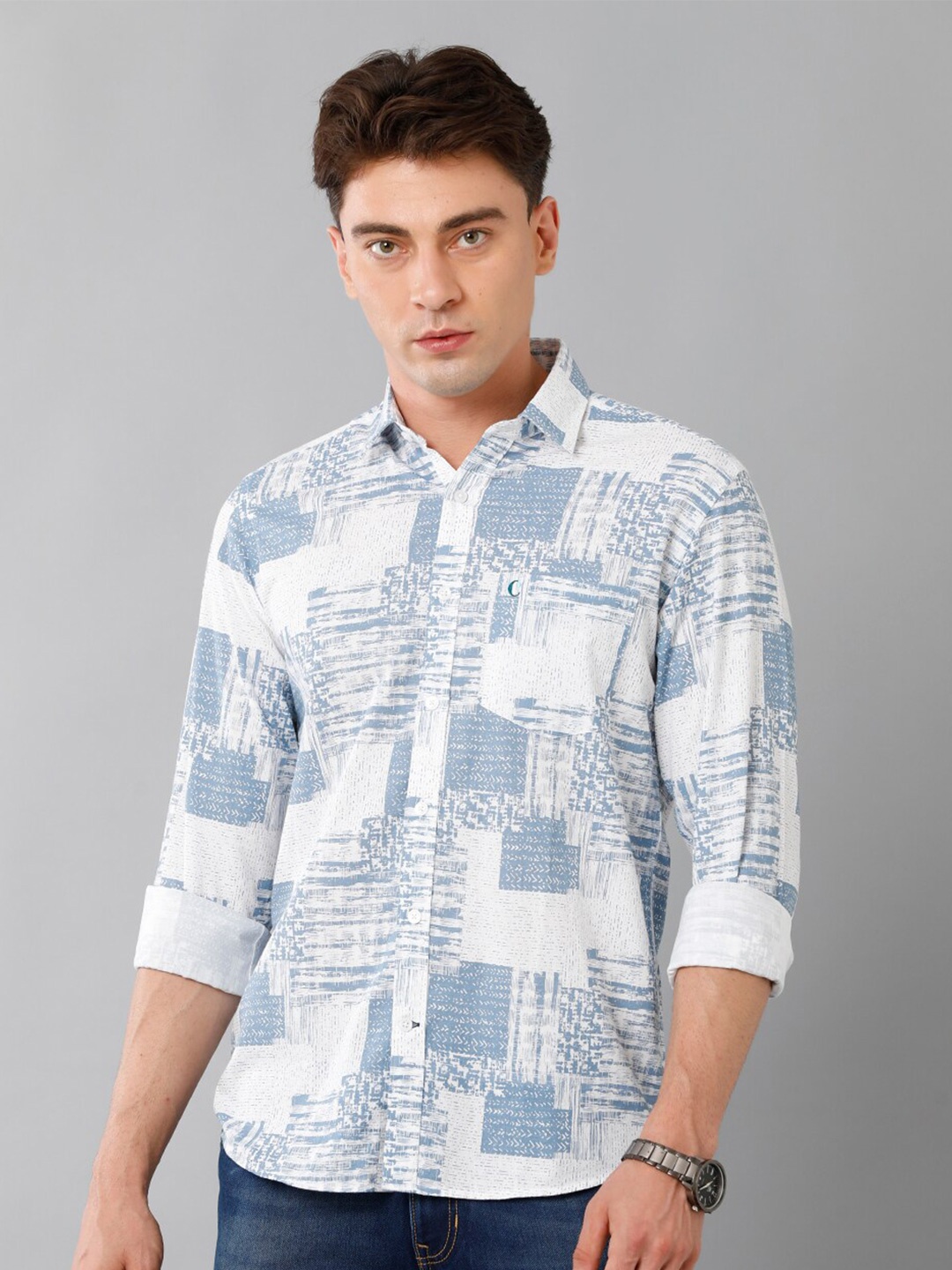 

CAVALLO by Linen Club Printed Spread Collar Casual Shirt, Blue