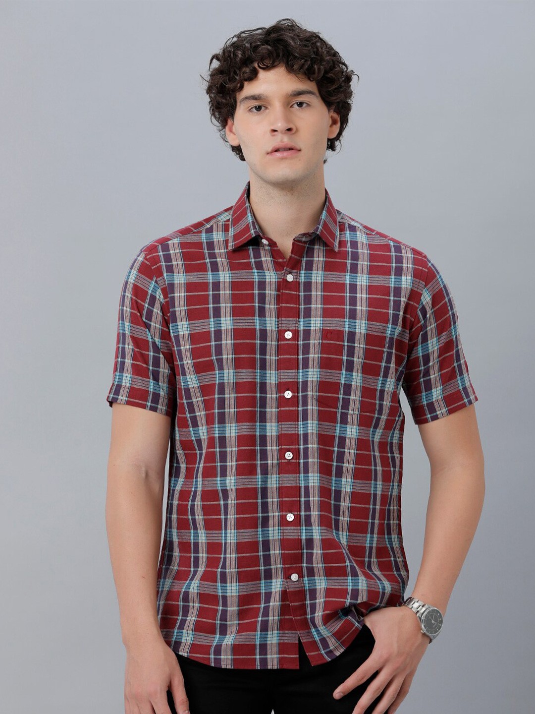 

CAVALLO by Linen Club Tartan Checks Opaque Checked Linen Cotton Casual Shirt, Red