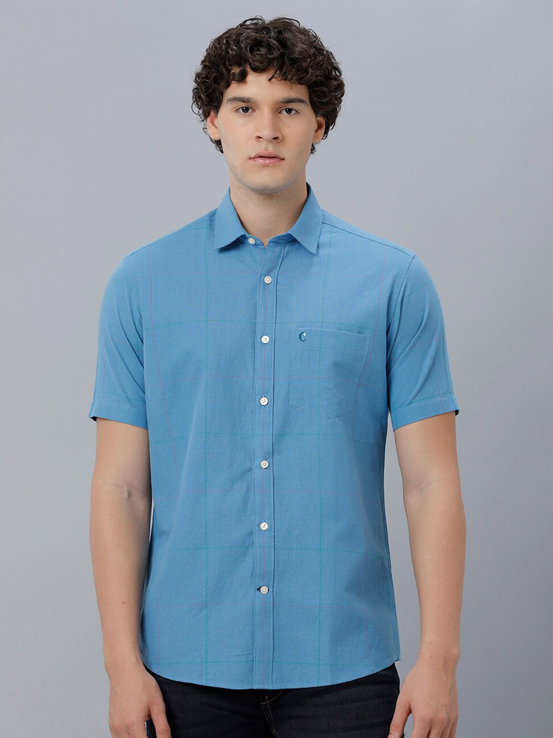 

CAVALLO by Linen Club Windowpane Checked Linen Cotton Casual Shirt, Blue