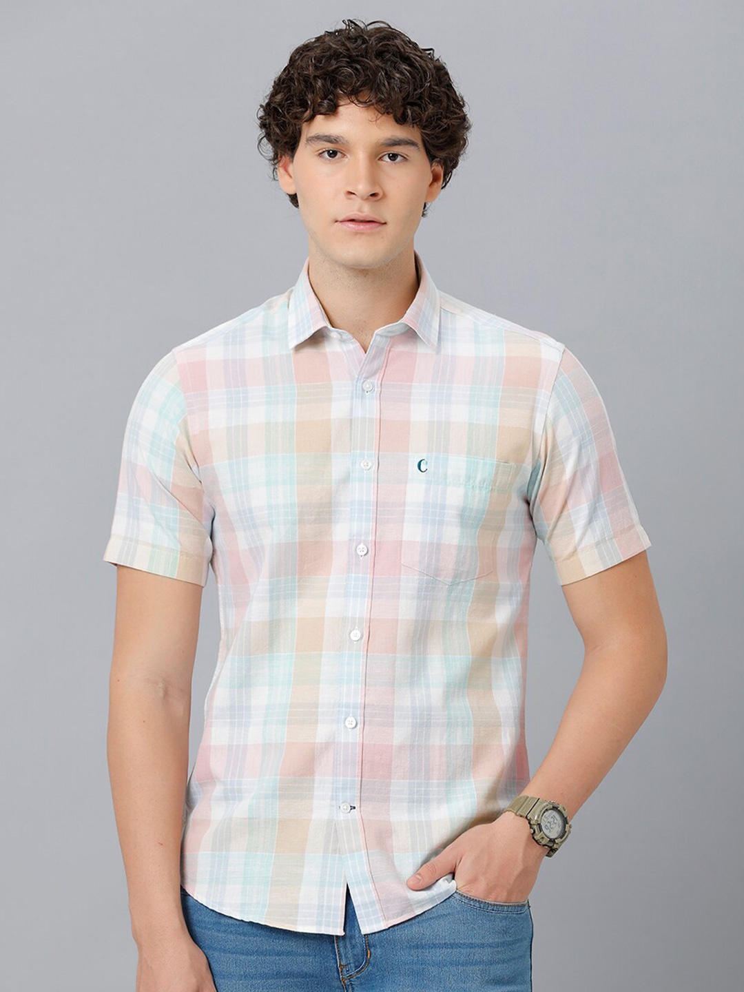 

CAVALLO by Linen Club Men Checked Comfort Linen Casual Shirt, Pink