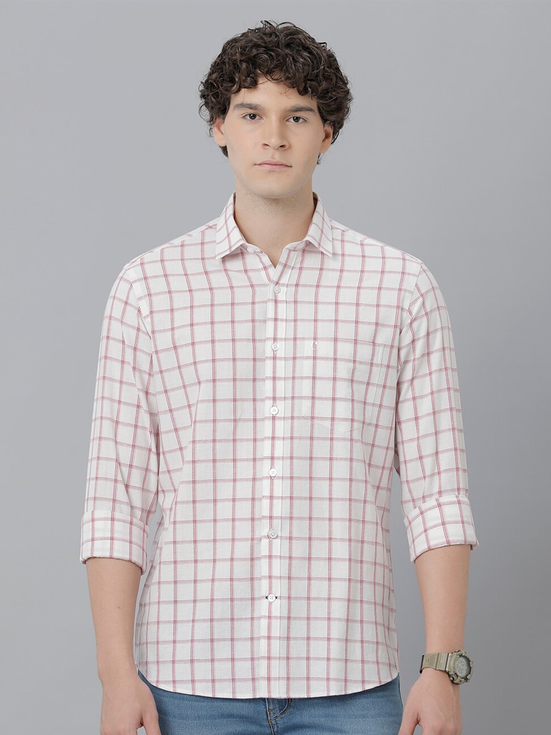 

CAVALLO by Linen Club Spread Collar Long Sleeves Checked Casual Linen Shirt, Off white