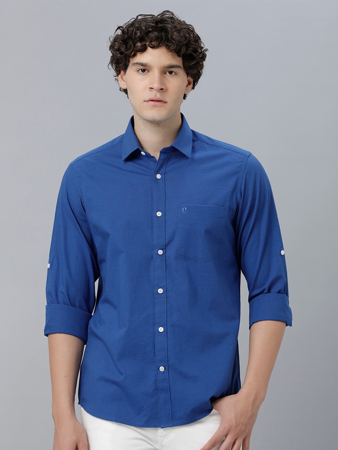 

CAVALLO by Linen Club Roll-Up Sleeves Opaque Casual Shirt, Blue