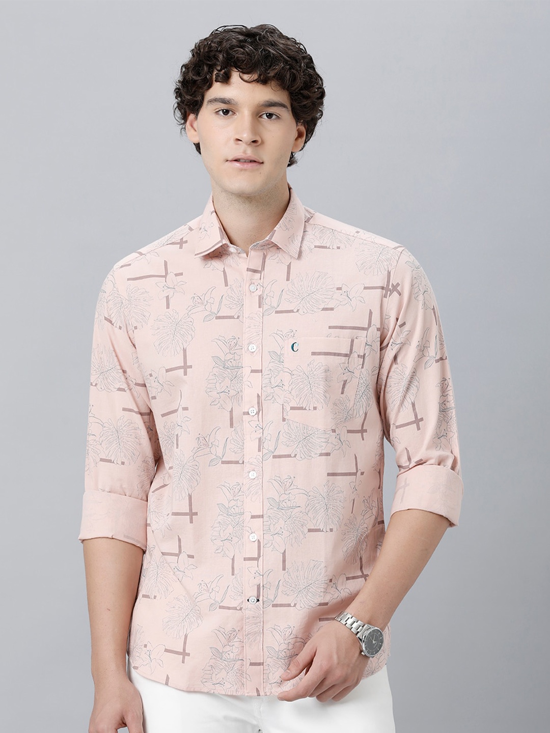 

CAVALLO by Linen Club Spread Collar Floral Printed Casual Linen Shirt, Peach