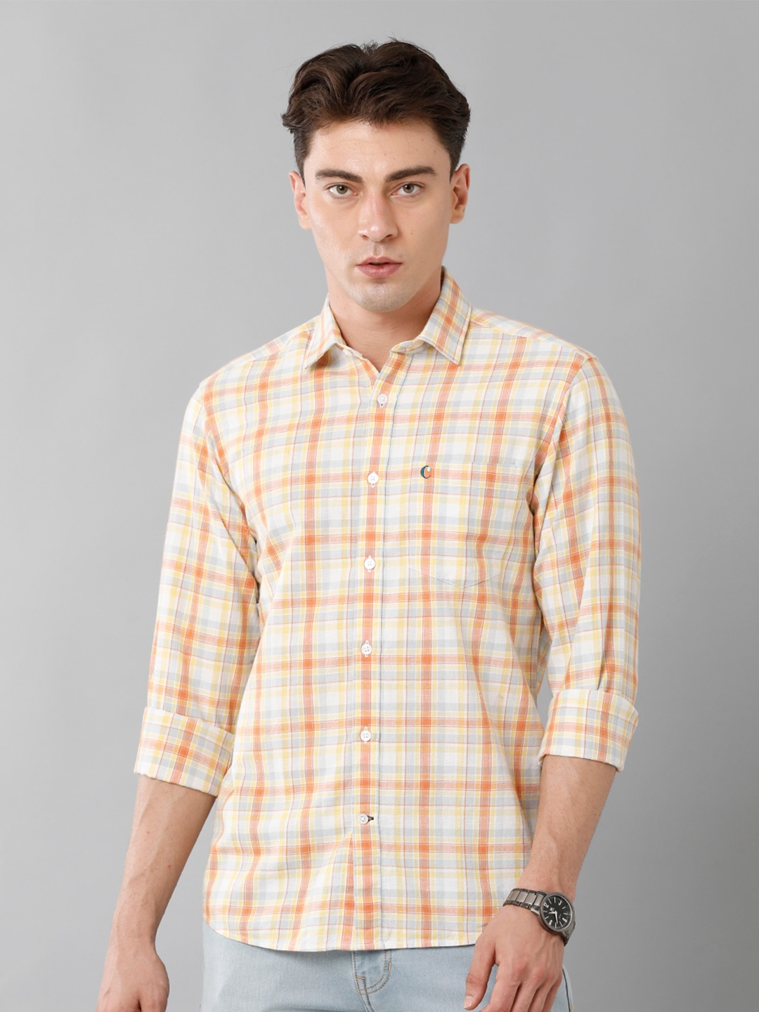 

CAVALLO by Linen Club Spread Collar Long Sleeves Tartan Checked Casual Linen Shirt, Yellow