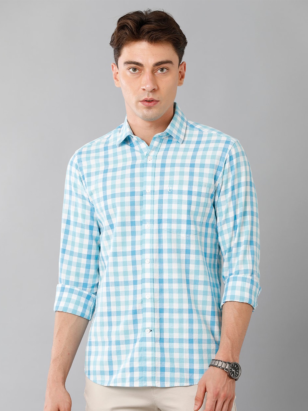 

CAVALLO by Linen Club Checked Casual Shirt, Turquoise blue