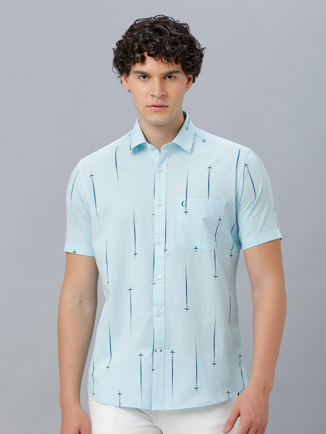 

CAVALLO by Linen Club Regular Fit Printed Linen Casual Shirt, Blue