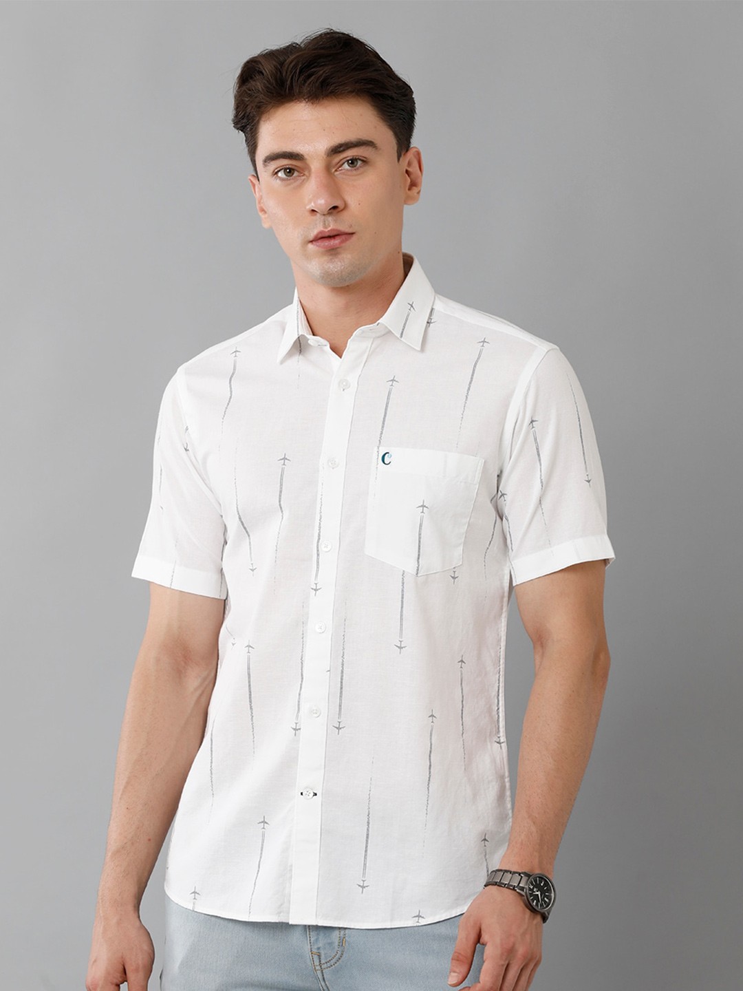 

CAVALLO by Linen Club Conversational Printed Casual Shirt, White