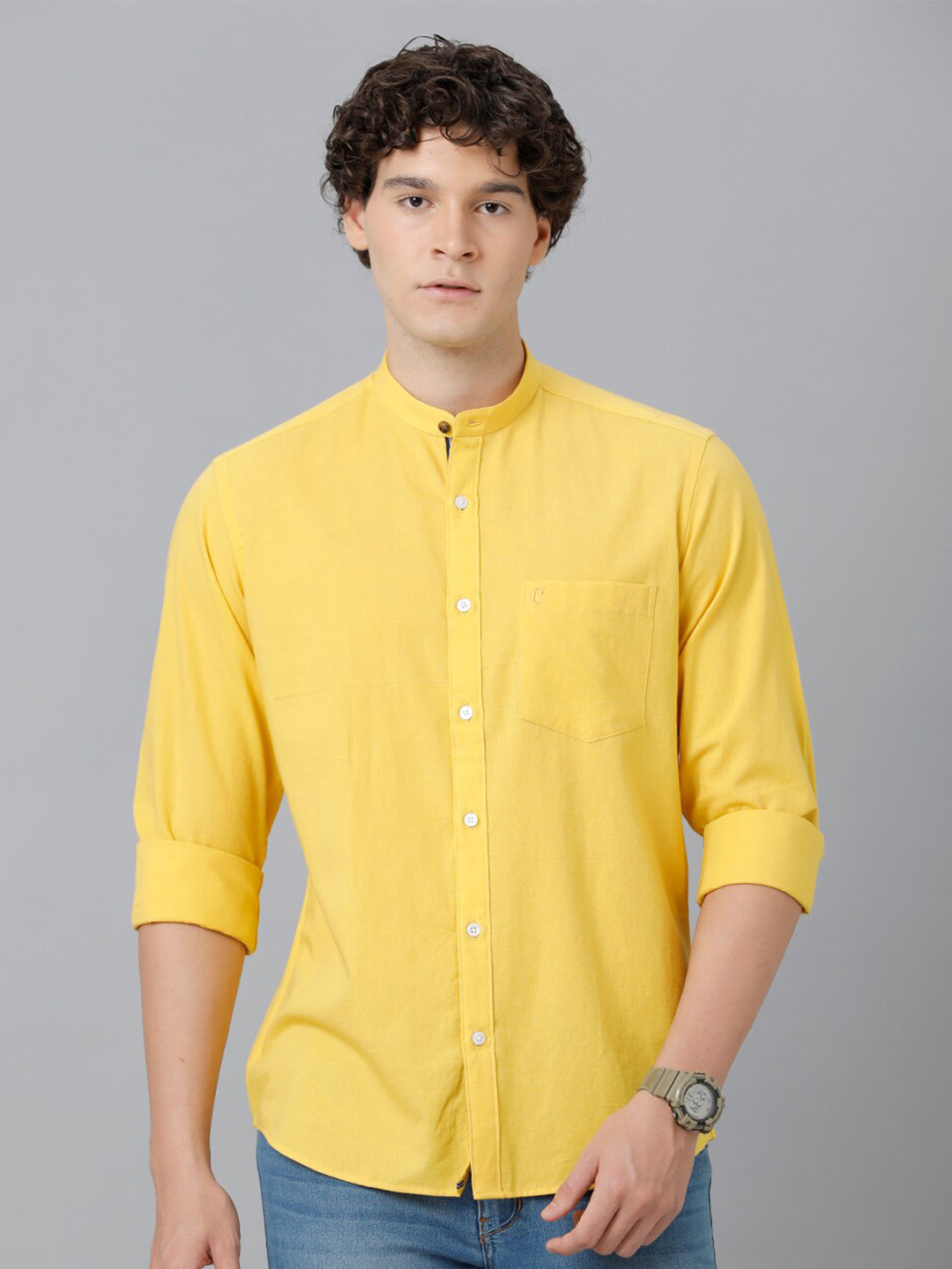 

CAVALLO by Linen Club Opaque Linen Mandarin Collar Casual Shirt, Yellow