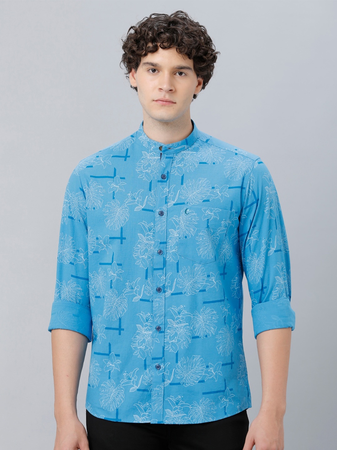 

CAVALLO by Linen Club Men Printed Band Collar Comfort Linen Casual Shirt, Blue