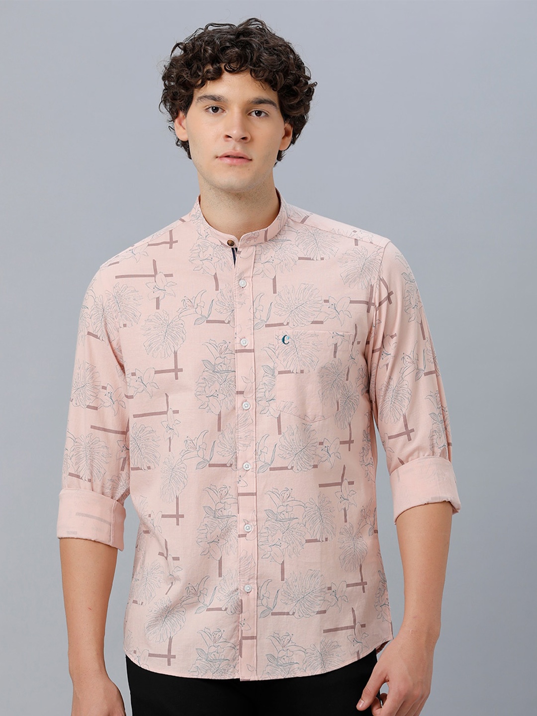 

CAVALLO by Linen Club Floral Printed Band Collar Casual Linen Shirt, Pink