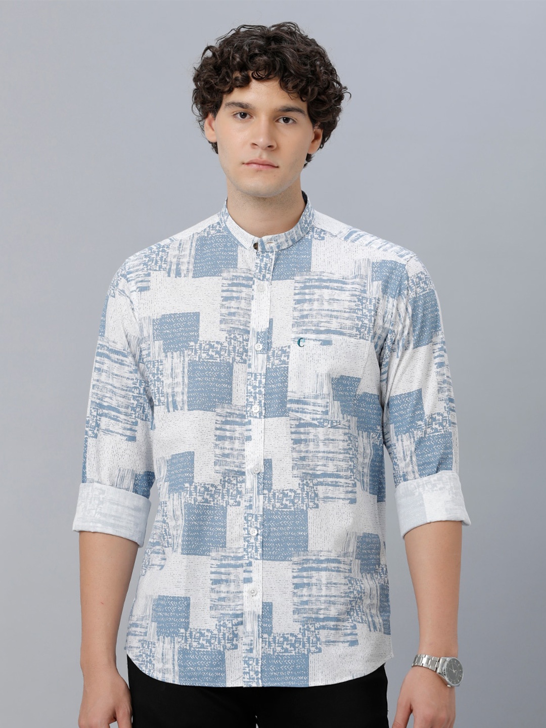

CAVALLO by Linen Club Abstract Printed Band Collar Casual Shirt, Blue