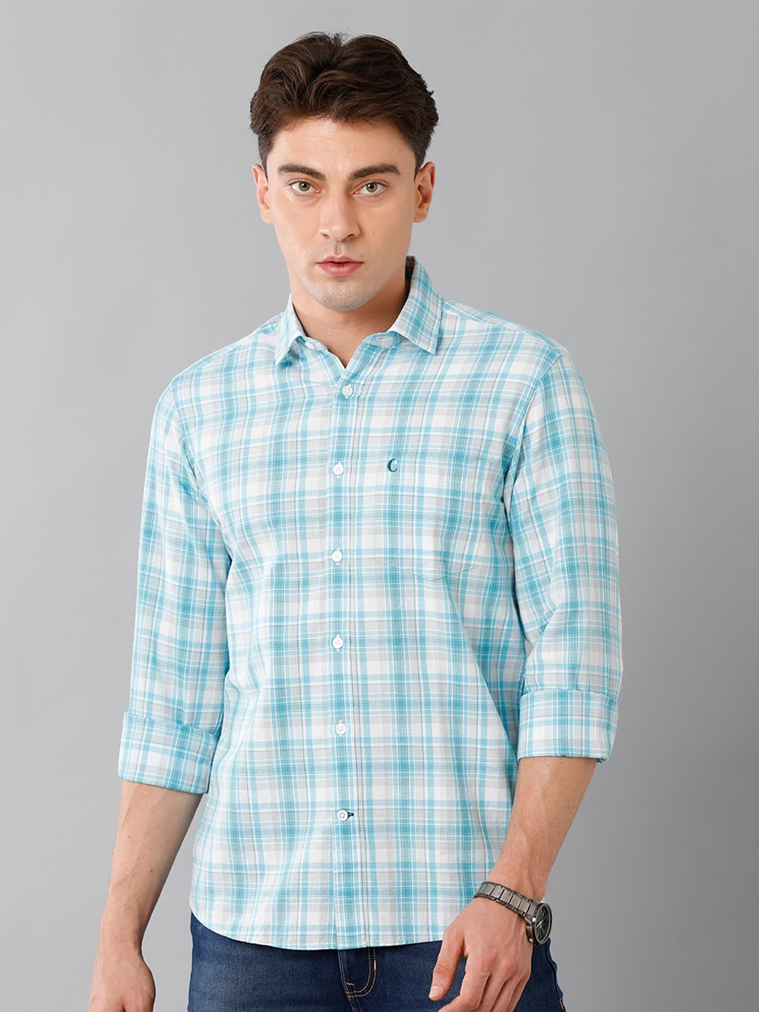 

CAVALLO by Linen Club Tartan Checked Linen Cotton Casual Shirt, Turquoise blue