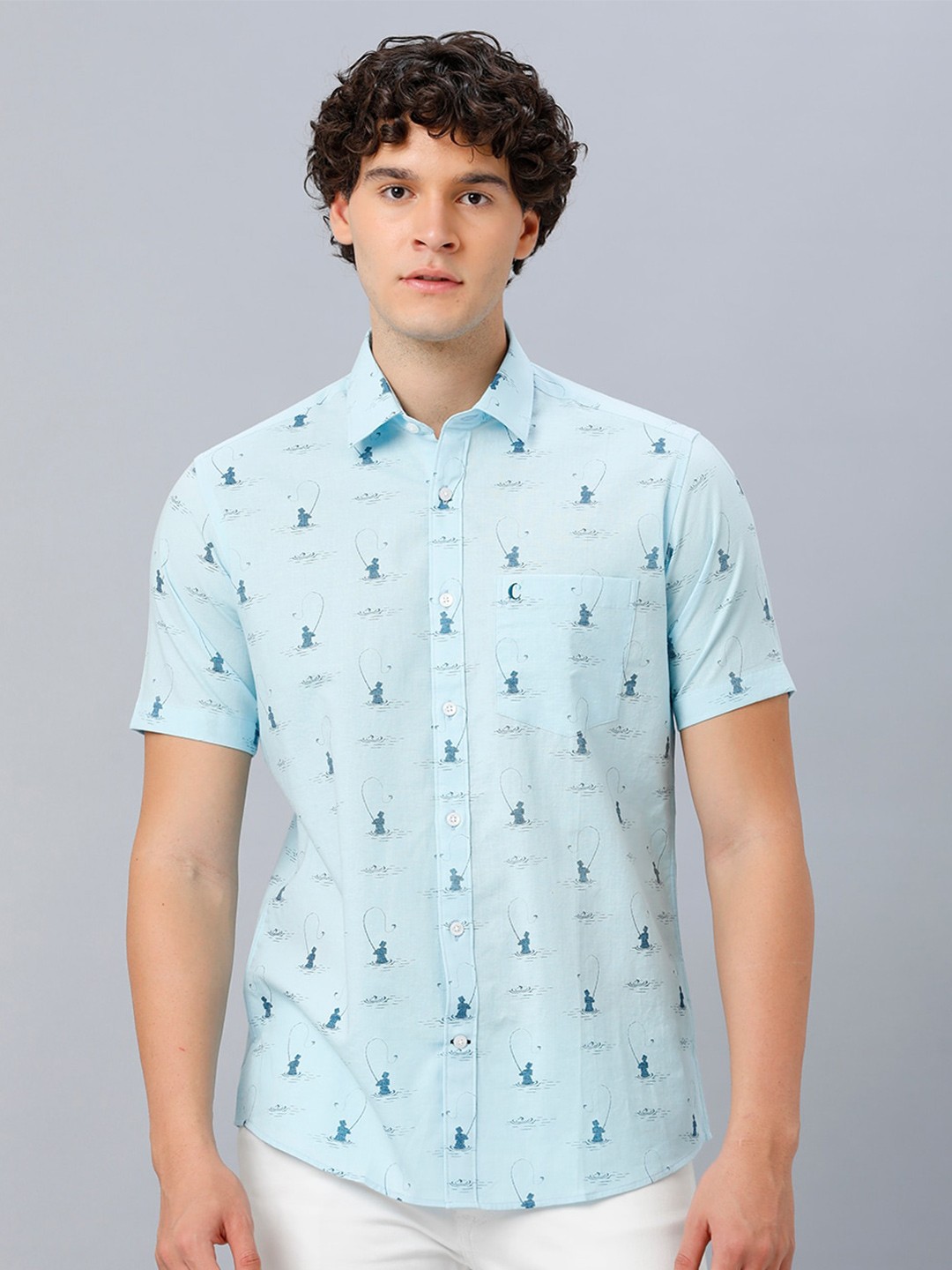 

CAVALLO by Linen Club Conversational Printed Linen Casual Shirt, Blue