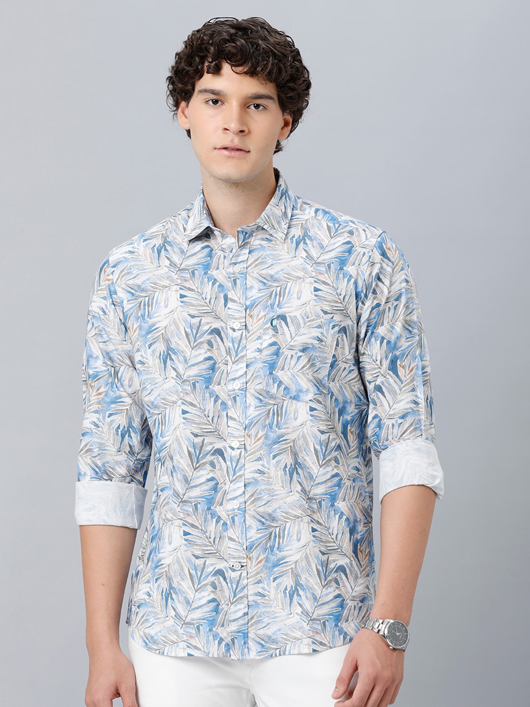 

CAVALLO by Linen Club Tropical Printed Cotton Linen Casual Shirt, Blue