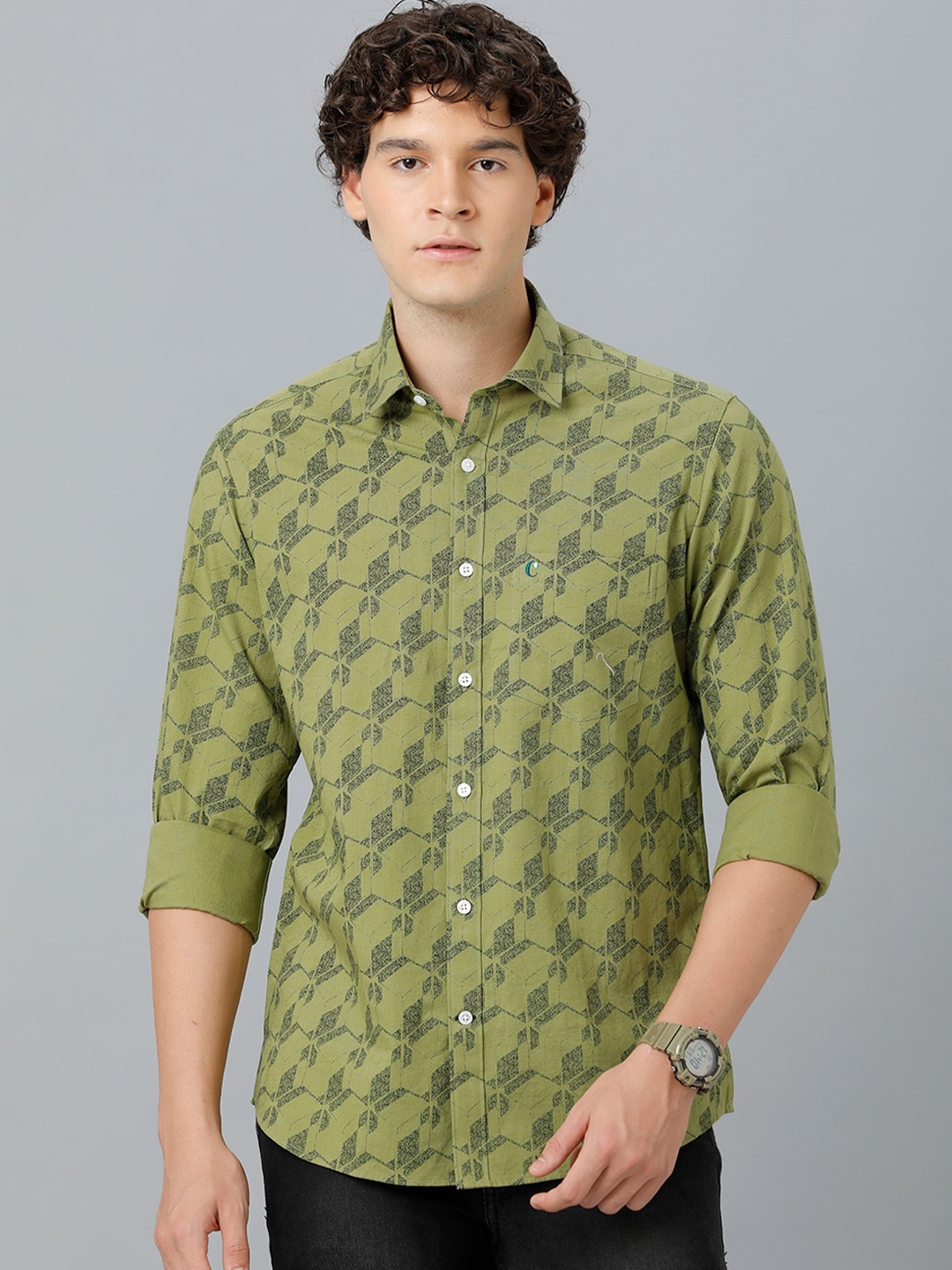 

CAVALLO by Linen Club Men Printed Comfort Linen Casual Shirt, Olive