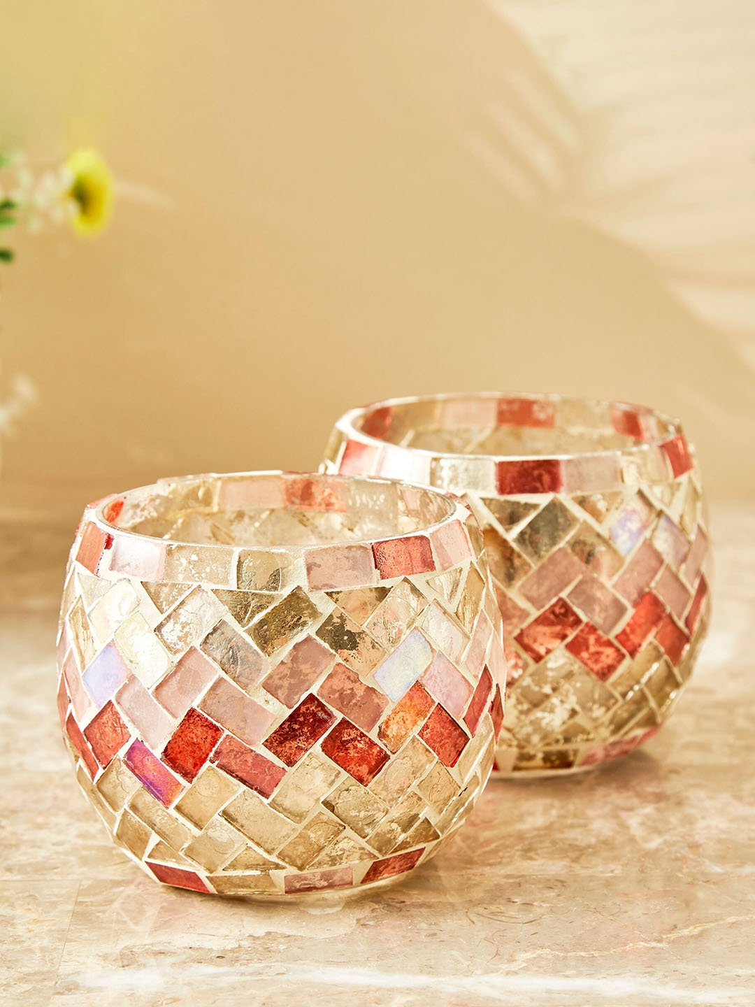 

Home Centre Gold Toned Mabel Decor Glass Set of 2 Mosaic T-Light Holder