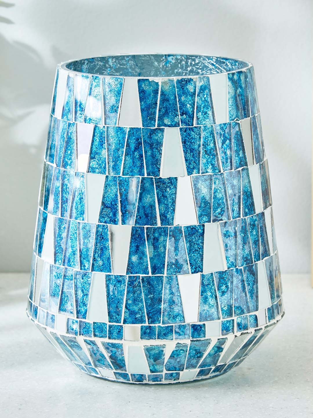 

Home Centre Blue Mabel Glass Mosaic Tapered Hurricane Candle Holder