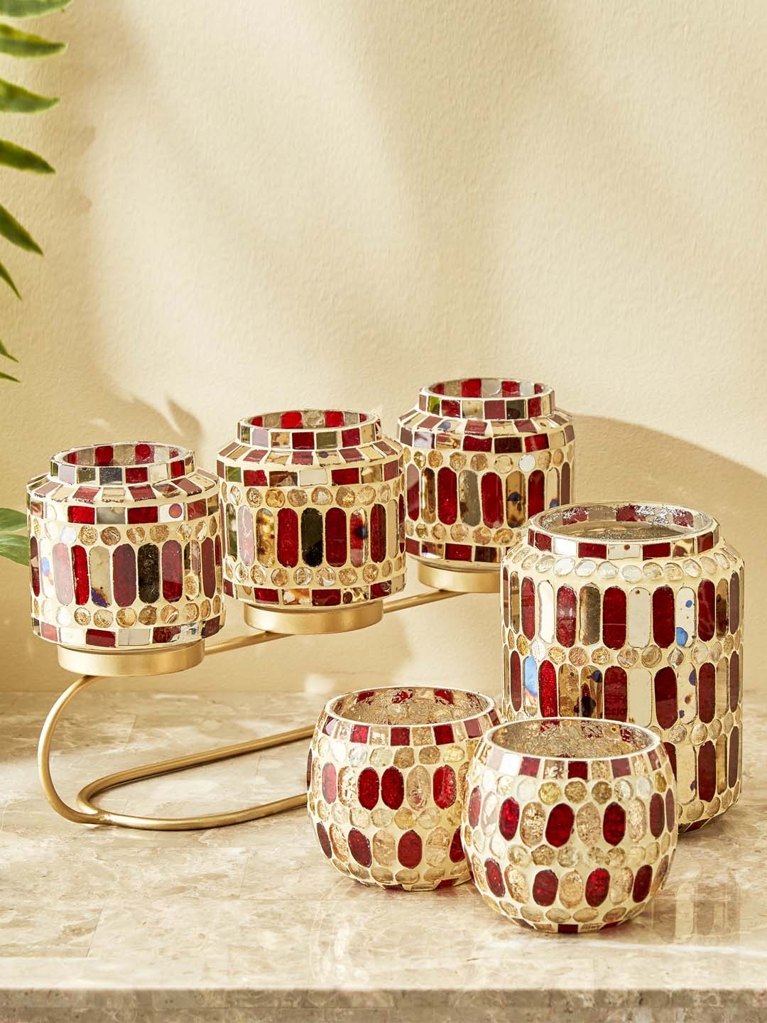 

Home Centre 2 Pieces Mabel Glass Mosaic Patterned Candle Holders, Gold