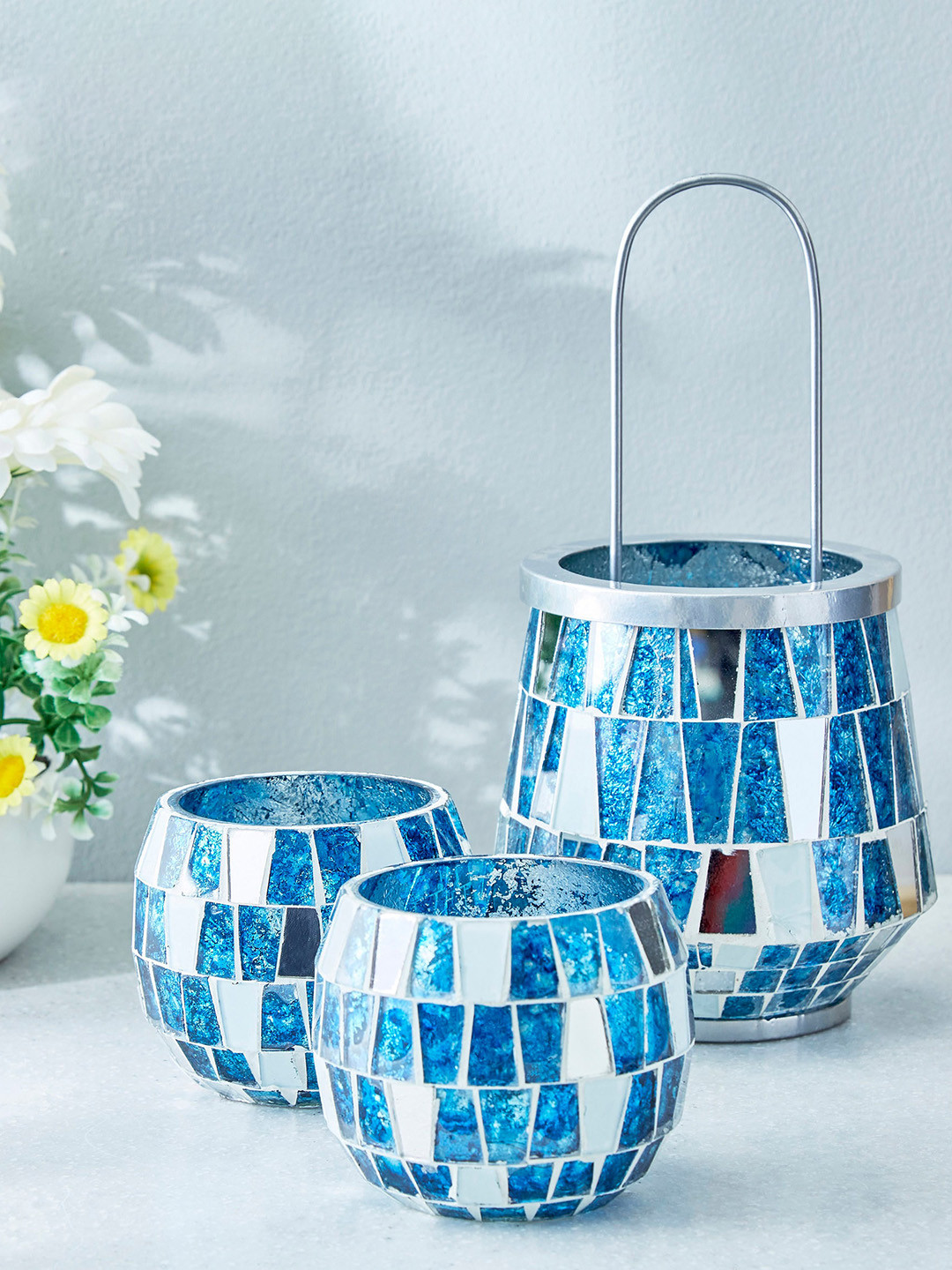 

Home Centre Blue 2 Pieces Glass & Mosaic T-light Holders, Teal