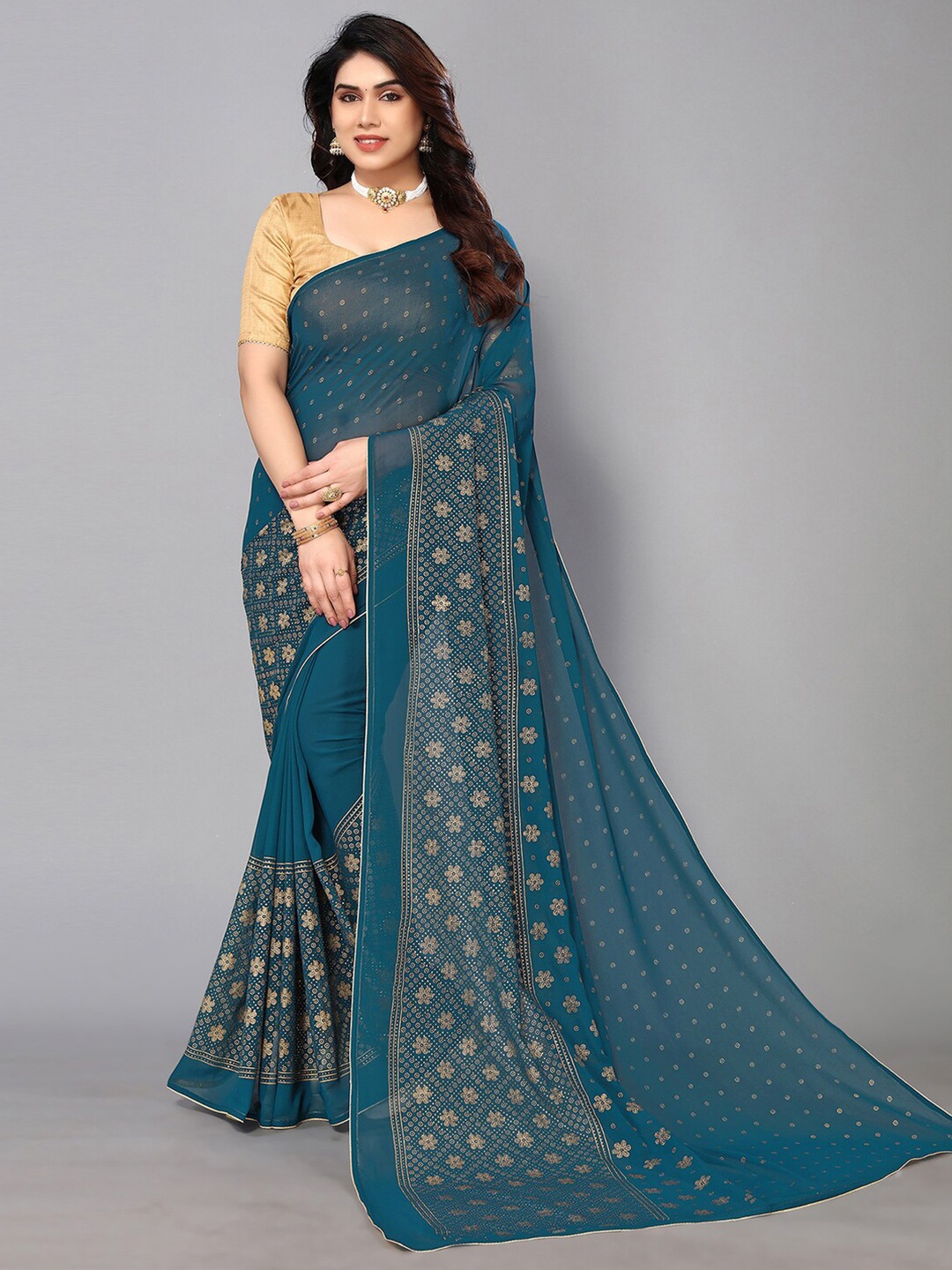 

Mitera Floral Poly Georgette Saree, Teal