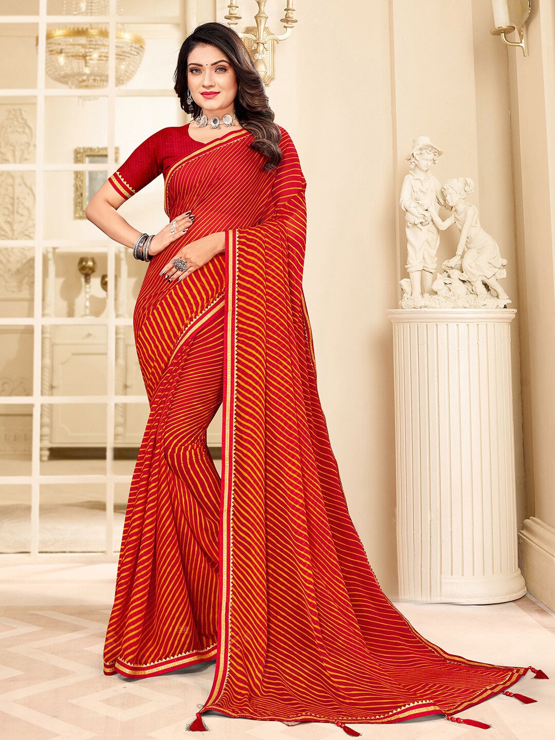 

Mitera Maroon & Mustard Yellow Leheriya Printed Gotta Patti Saree