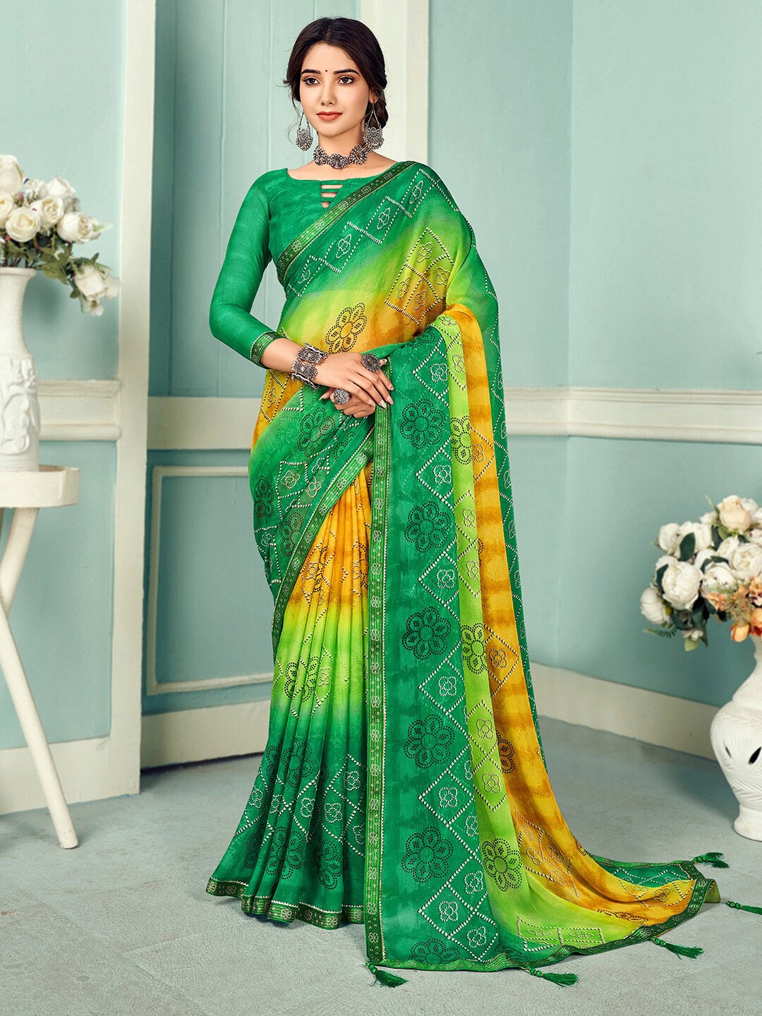 

Mitera Green & Yellow Bandhani Printed Saree