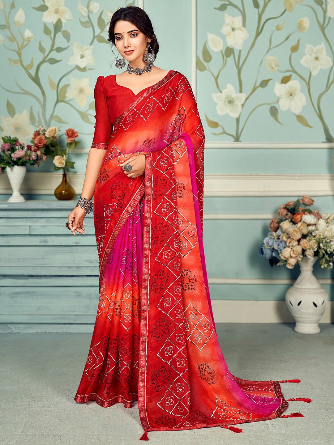 

Mitera Red & Magenta Bandhani Poly Chiffon Bandhani Saree