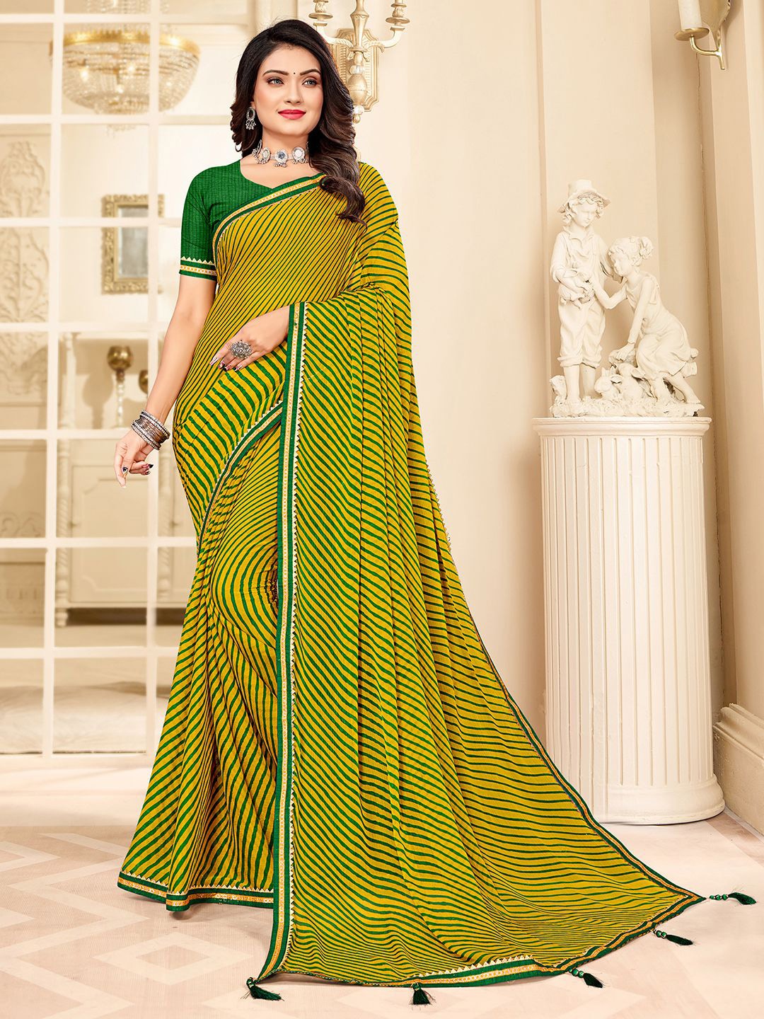 

Mitera Yellow & Green Leheriya Printed Poly Chiffon Leheriya Saree