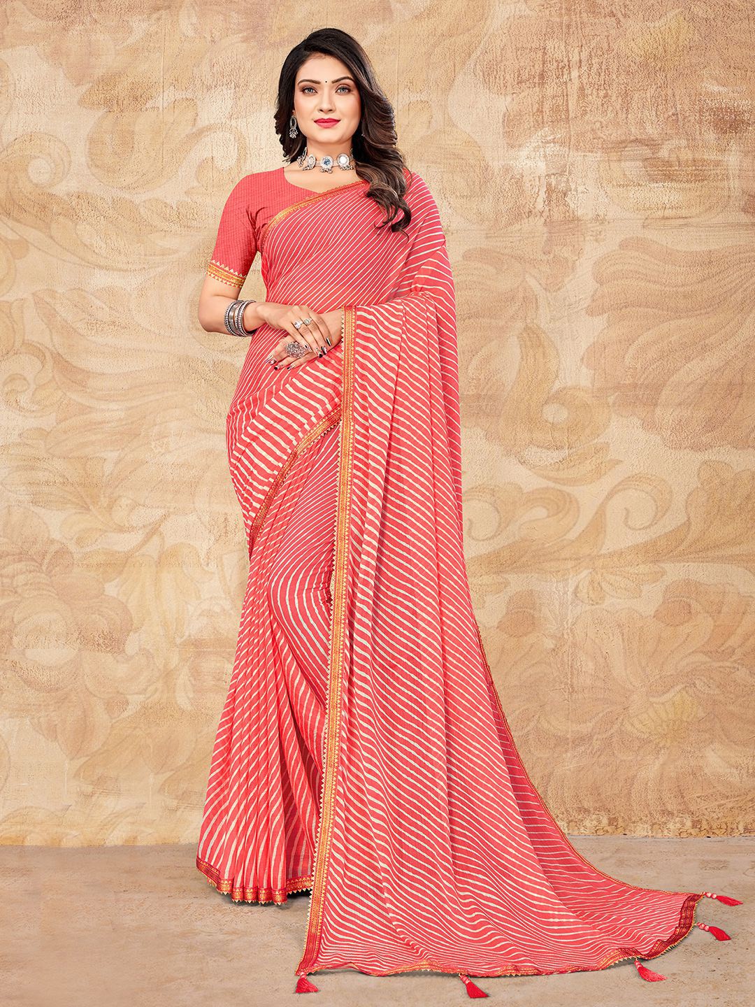 

Mitera Pink & White Leheriya Poly Chiffon Leheriya Saree
