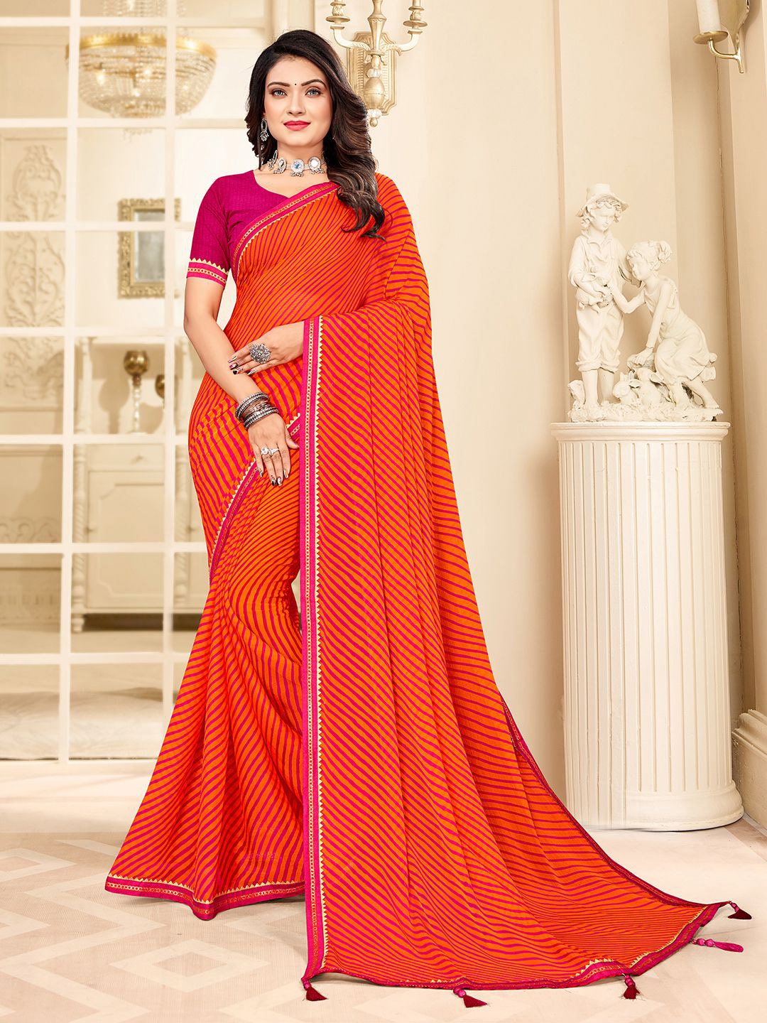 

Mitera Orange-Coloured & Pink Leheriya Printed Leheriya Saree