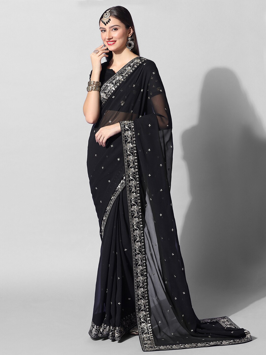 

Mitera Ethnic Motifs Embroidered Poly Georgette Saree, Black