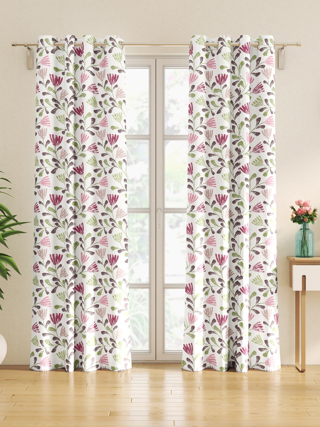 

Home Centre Saddle White & Pink 2 Pieces Floral Black Out Door Curtains