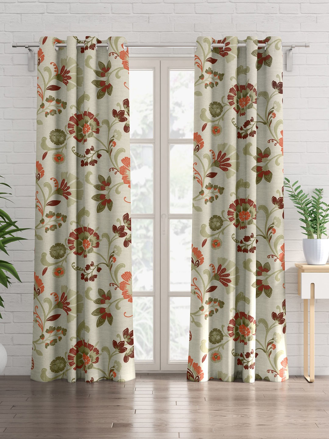 

Home Centre Saddle Brown & Orange 2 Pieces Floral Blackout Door Curtains
