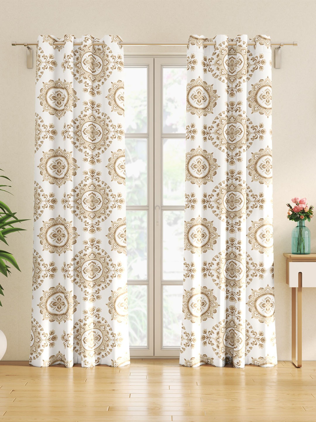 

Home Centre Saddle Beige & White 2 Pieces Ethnic Motifs Black Out Door Curtains