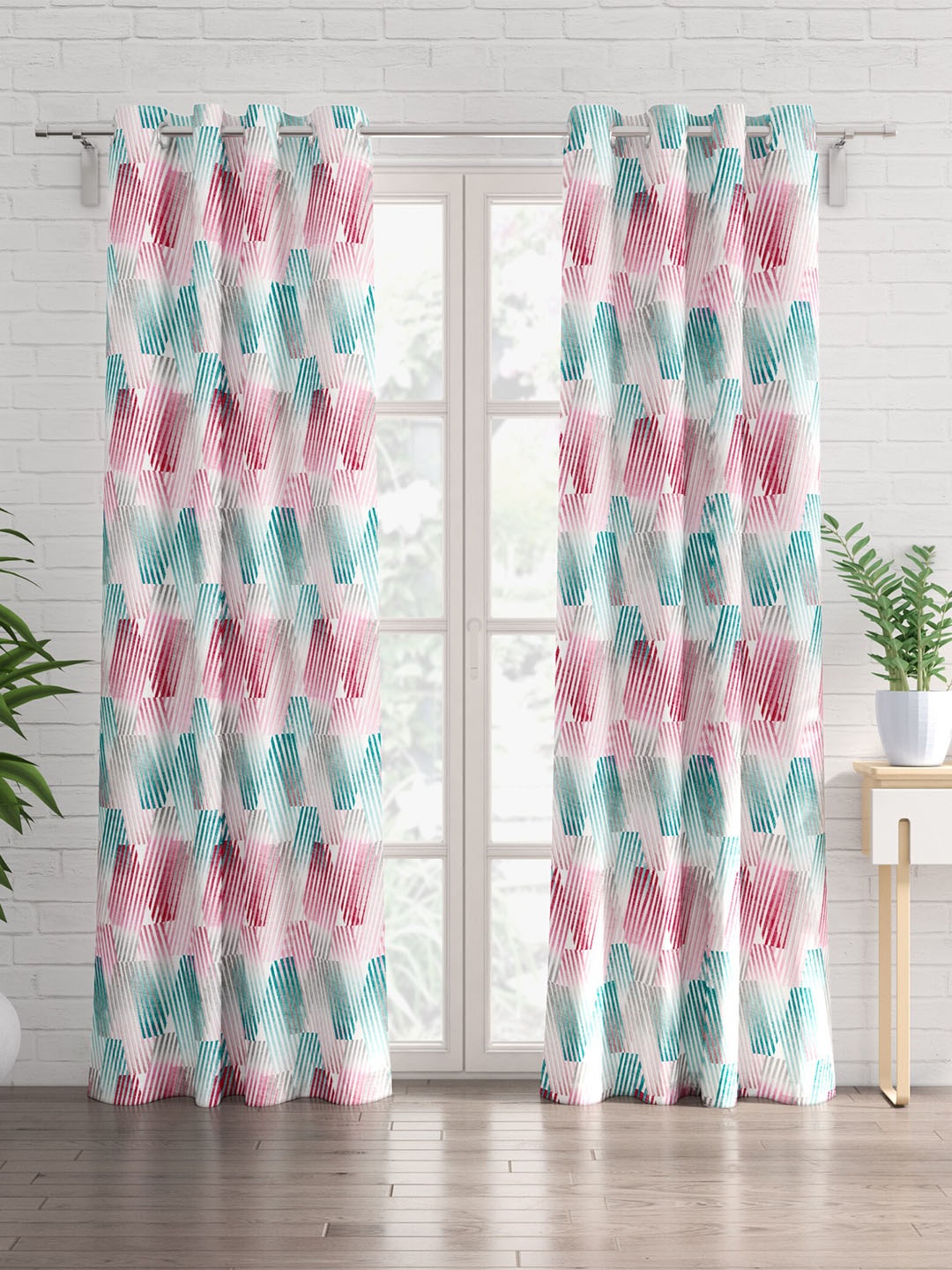 

Home Centre Saddle Pink & Blue 2 Pieces Black Out Door Curtains