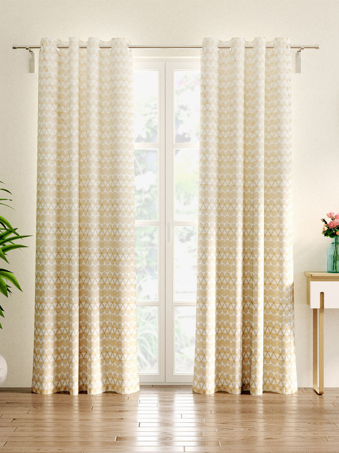 

Home Centre Crystal White & Beige 2 Pieces Ethnic Motifs Black Out Door Curtains