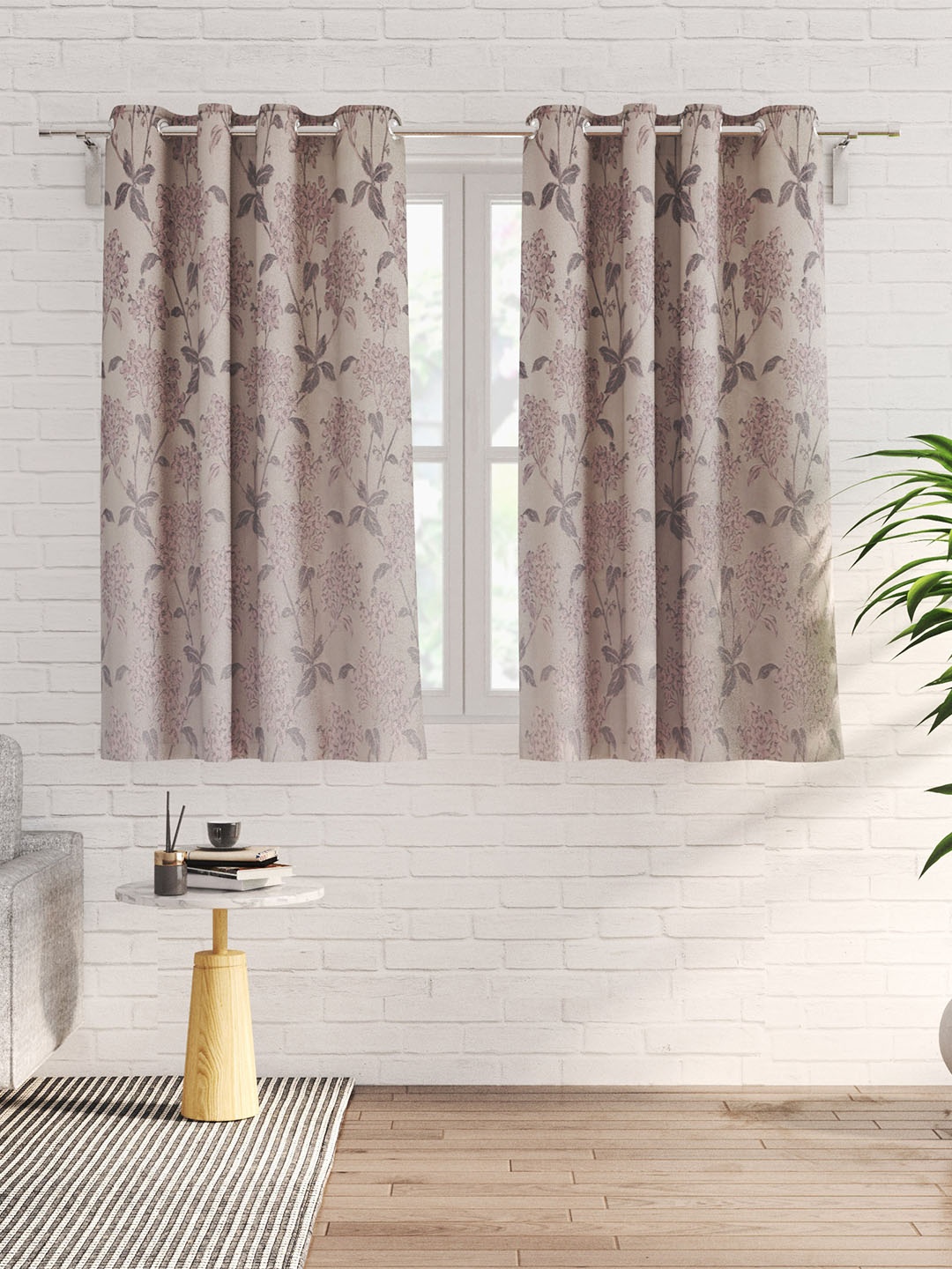 

Home Centre Grey 2 Pieces Floral Black Out Window Curtains